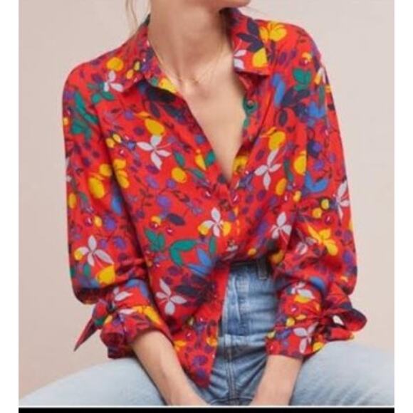 Maeve Anthropologie Shirt Size 18W Blithe Button Down Red Fruit Floral Challis - Picture 2 of 12